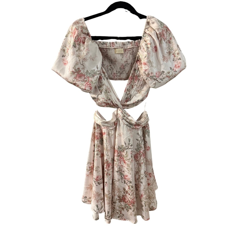 Altar'd State Floral Cutout Puff Sleeve Mini Dress Pink Cream Large Cottagecore